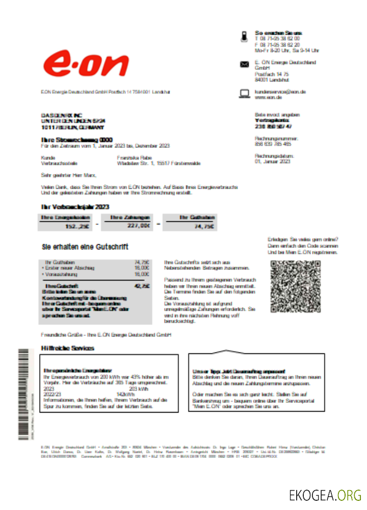 Allemagne E.ON Energie facture commerciale du service public d'électricité SCR